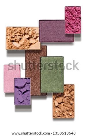 Creative concept photo of cosmetics swatches beauty products square eyeshadow on white background.