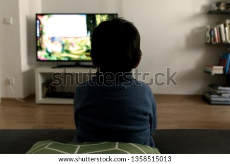 back of little boy sitting in front of television screen watching cartoon.            