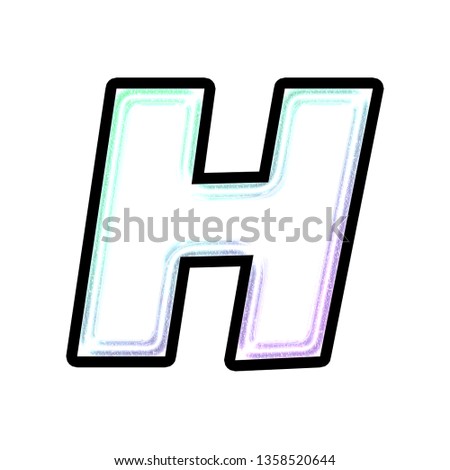 Bright glowing light white teal and purple colorful letter H in a 3D illustration with a black outline & neon glow in a basic bold font isolated on a white background