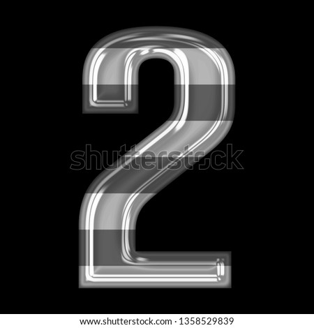 Shiny glass gray and white striped number two 2 in a 3D illustration with a gray stripes glossy plastic effect in a jagged font on a black background with clipping path