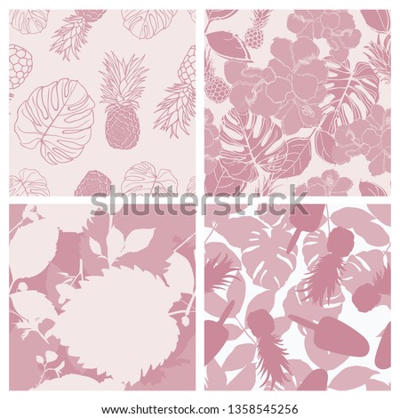 Tropical Pineapple seamless pattern design set. Beautifull tropical leaves branch  seamless pattern design. Tropical fruites, monstera leaf seamless floral pattern background. 