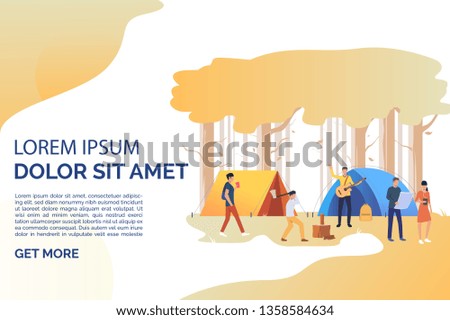 Slide page with male and female tourists at campsite vector illustration. Vacation, expedition, hiking tour. Tourism concept. Design for website templates, posters, presentations