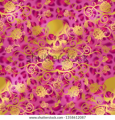 Vector seamless  pattern with vintage skull and roses detailed ornamental elements. Hand drawn retro  design. Engraved roses vignette. Fully editable and can be used for design and decoration
