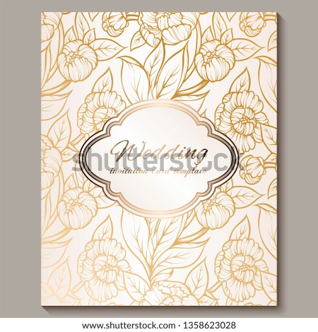 Exquisite royal luxury wedding invitation, gold on white background with frame and place for text, lacy foliage made of roses or peonies with golden shiny gradient