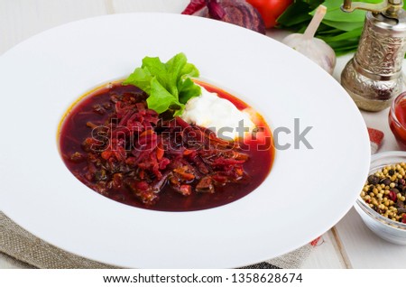 Vegetarian vegetable soup with beet without meat. Studio Photo