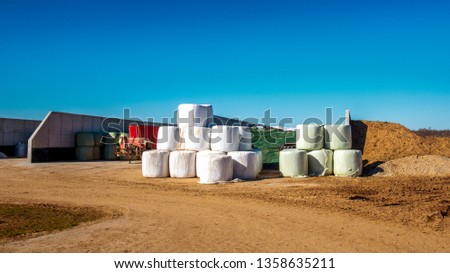 Wrapped hay rolls in countryside farm. Food and bedding for the cows in winter.