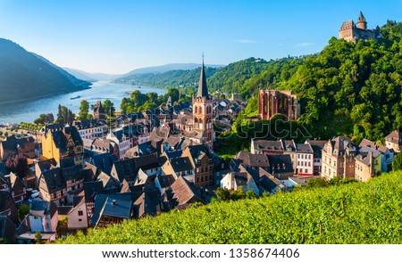 Bacharach aerial panoramic view. Bacharach is a small town in Rhine valley in Rhineland-Palatinate, Germany Royalty-Free Stock Photo #1358674406