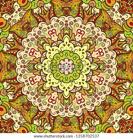 Seamless tracery tile mehndi design. Ethnic ornament, colorful doodle symmetry texture. Folk traditional spiritual tribal design. Curved doodling mehndi motif. Color art. Vector.
