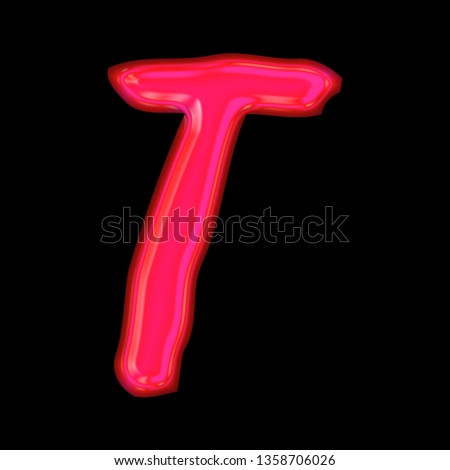 Glowing neon pink glass letter T in a 3D illustration with a shiny bright pink glow and thin handwritten font type style isolated on black background with clipping path