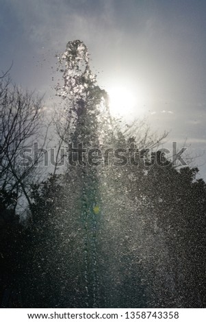 The springing fountain in the park with the warm sunlight 