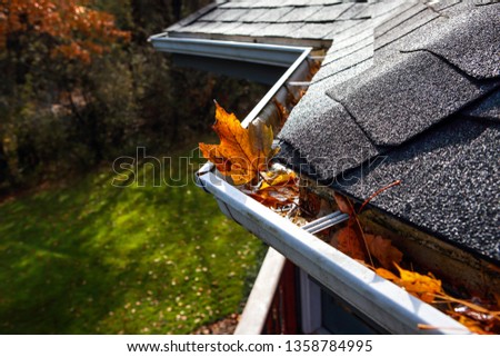Autumn leaves in a rain gutter on a roof Royalty-Free Stock Photo #1358784995