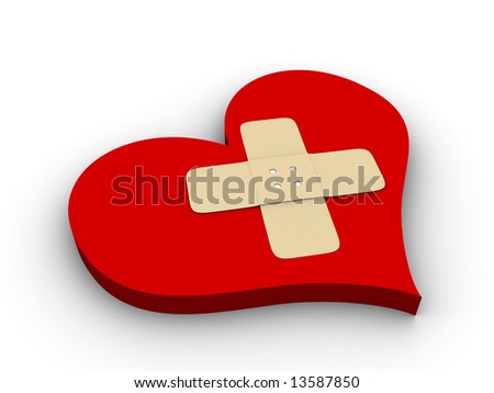 Conceptual heart with adhesive plaster on white - 3d render