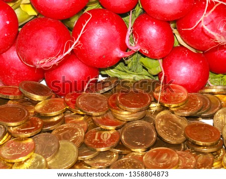 fresh radish with green tops and a bunch of metal rubles