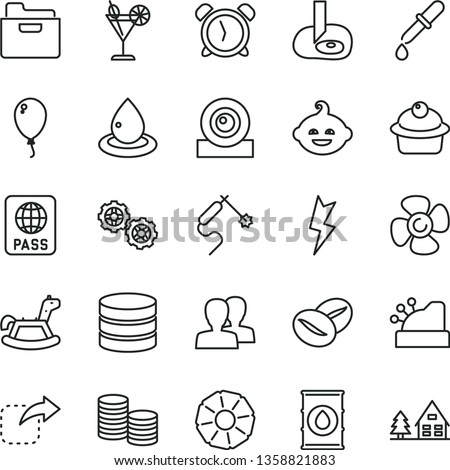 thin line vector icon set - alarm clock vector, women, funny hairdo, rocking horse, balloon, gears, lightning, passport, folder, move right, muffin, coffee beans, cocktail, slice of pineapple, oil