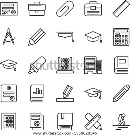 thin line vector icon set - clip vector, briefcase, graphite pencil, yardstick, new abacus, e, portfolio, buildings, writing accessories, drawing, square academic hat, scribed compasses, graduate