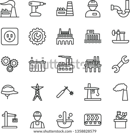 thin line vector icon set - builder vector, workman, drill, sewerage, power socket type b, helmet, gear, oil derrick, manufacture, factory, battery, hydroelectric station, line, industrial building