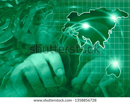 Abstract computer background with mail signs, hands and map.