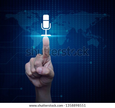 Hand pressing microphone flat icon over digital world map technology style, Business communication concept, Elements of this image furnished by NASA