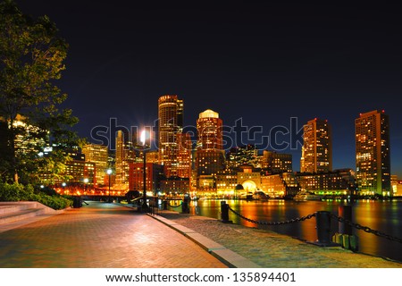 Boston Harborwalk and Cityscape at Night