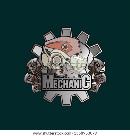 mechanic logo icon with robot helmet and engine piston for game or sport company and industry.