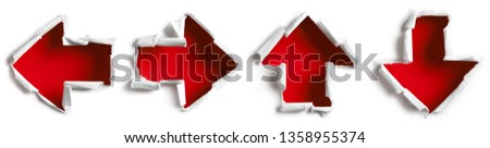 Arrows shaped red holes torn through white paper, isolated on white background