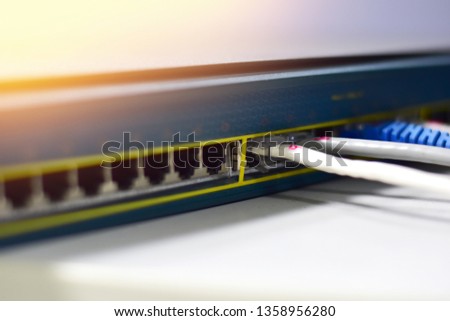 ethernet cable on network switches, selective focus