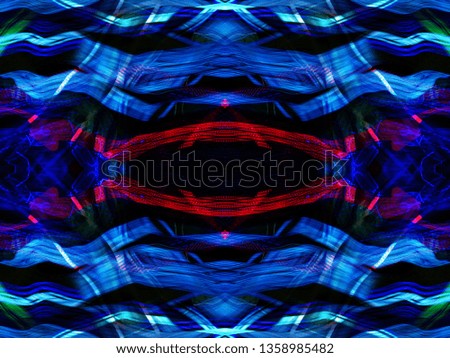 Symmetry and reflection. Light effects. Neon glow. Abstract blurred background. Colorful pattern. Texture.