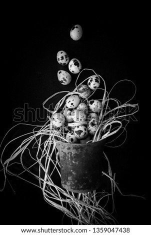 
Easter eggs. Quail. Eggs on a black background and hay, poured out of an iron, rusty mortar, in the form of a vase with flowers. View from above. Rustic style. Black and white photo