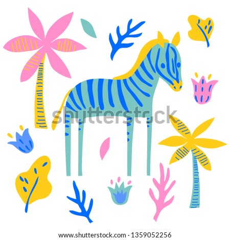 vector zebra horse mammal wild african animal plant flowers leaf childish cute illustration set