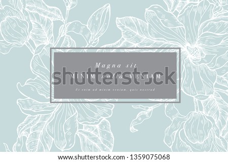 Vintage card with magnolia flowers. Floral wreath. Flower frame for flowershop with label designs. Summer floral magnolia greeting card. Flowers background for cosmetics packaging Royalty-Free Stock Photo #1359075068
