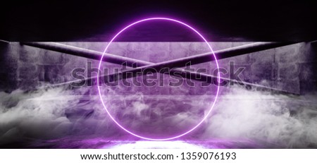 Smoke Neon Glowing Circle Purple Grunge Concrete Bright Sci Fi Modern Empty Hall Garage Tunnel Corridor With White Lights Led Studio Contrast Look Reflective Room Cement Background 3D Rendering 
