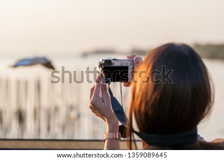 Young woman holding mirrorless camera take photo with focusing seagulls flying on sky in sunset, sunrise time 

