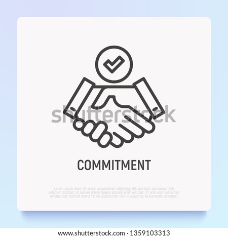 Commitment thin line icon: handshake with tick. Modern vector illustration. Royalty-Free Stock Photo #1359103313