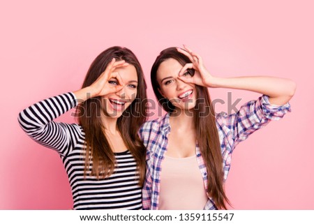 Close-up portrait of nice-looking attractive lovely fascinating magnificent winsome cheerful straight-haired girls wearing casual showing ok-sign like glasses isolated over pink pastel background
