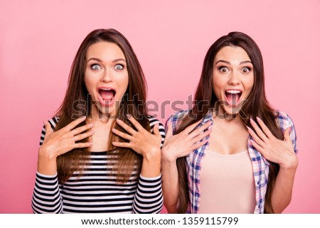 Close-up portrait of nice-looking attractive cute charming crazy cool cheerful cheery overjoyed straight-haired girls showing excitement having fun isolated over pink pastel background