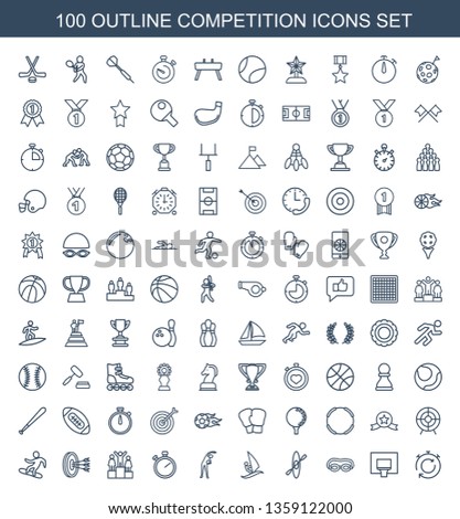 competition icons. Trendy 100 competition icons. Contain icons such as stopwatch, basketball basket, swimming glasses, rowing, surfing, exercising. competition icon for web and mobile.