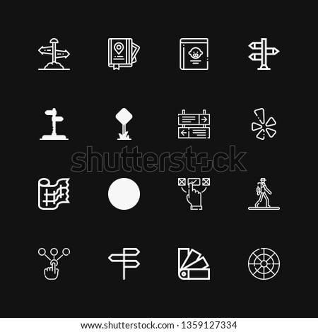 Editable 16 guide icons for web and mobile. Set of guide included icons line Color wheel, Swatches, Directions, Choice, Pedestrian, Escalator, Gauze, Yelp on black background