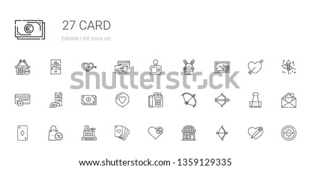 card icons set. Collection of card with cupid, clothing shop, heart, poker, cashier, promotions, ace of diamonds, bow, fax, love, cash, bill. Editable and scalable card icons.