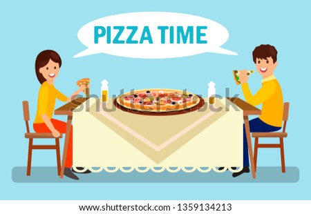 Couple Having Dinner in Pizzeria Flat Illustration. Man and Woman Eating Huge Pizza. Cartoon Boyfriend and Girlfriend Talking in Restaurant. Large Pepperoni, Margarita, Romana, Frutti