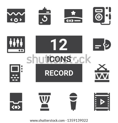 record icon set. Collection of 12 filled record icons included Video, Microphone, Djembe, Audio player, Drums, Record, Vinyl, Harddrive, Music, Levels