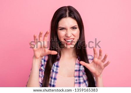 Close-up portrait of her she nice-looking attractive cute charming lovely funny straight-haired lady showing wild attack isolated over pink pastel background