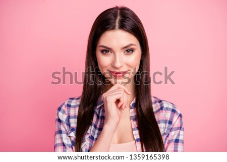 Close up photo amazing beautiful her she lady brown eyes look trick long straight hair wondered hand arm chin wear casual checkered plaid shirt clothes outfit isolated pink bright background