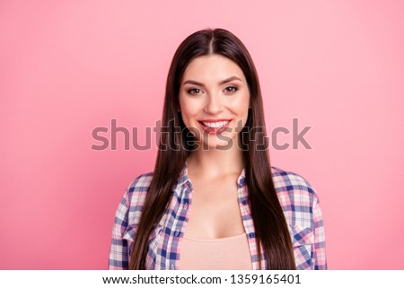 Close up photo amazing beautiful her she lady perfect brown eyes long straight hair white teeth beaming smile wear casual checkered plaid shirt clothes outfit isolated pink bright background