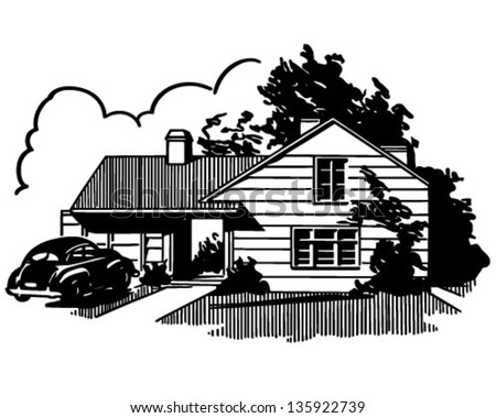 Suburban House - Retro Clip Art Illustration