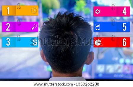 Empty info graphic with boy's head facing in front monitor. Education concept.