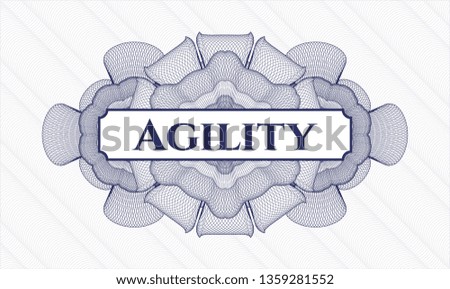 Blue money style emblem or rosette with text Agility inside