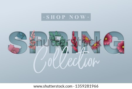Spring background with flowers. Cut out paper letters. Vector illustration.