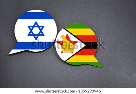 Israel and Zimbabwe flags with two speech bubbles on dark gray background