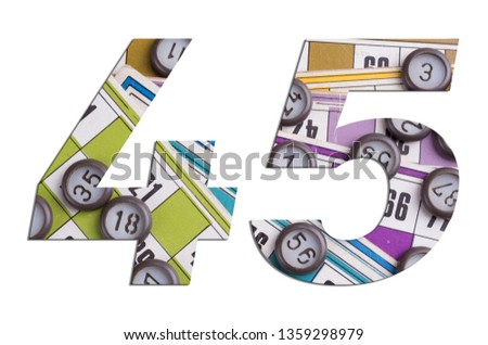Number 45 with Lotto cards and game chips on white background