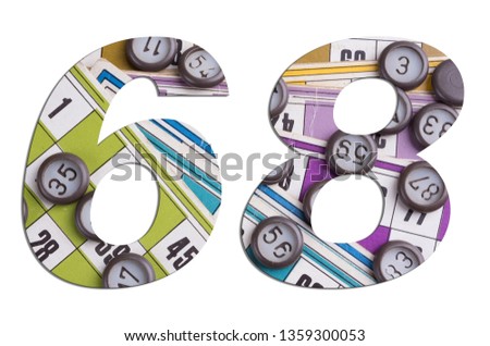 Number 68 with Lotto cards and game chips on white background